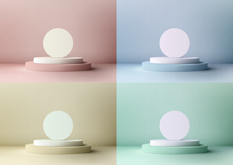 3D of a white and soft colors podium with white circle backdrop on pastel background