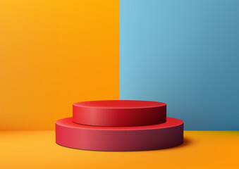 3D red podium on a yellow and blue geometric background. Ideal for showcasing products in a modern style