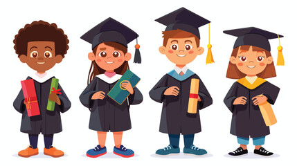 Cartoon graduation kids holding a di flat vector