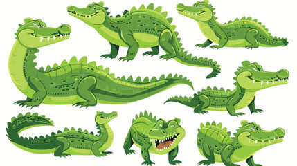 Cartoon green crocodile collection set flat vector isolated - obrazy, fototapety, plakaty