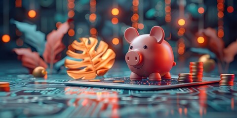 Adorable 3D render of a smiling, piggy bank robot efficiently sorting colorful, oversized coins on a vibrant, circuit board-inspired background - obrazy, fototapety, plakaty