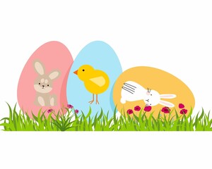 Easter background with eggs and grass. Vector illustration in flat style.