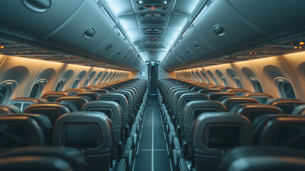 Empty Airplane Cabin Interior with Modern Seats. Spacious and modern airplane cabin interior, with rows of empty leather seats, illuminated by soft overhead lighting. - obrazy, fototapety, plakaty
