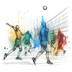 Volleyball players in watercolor paint illustration with Generative AI.