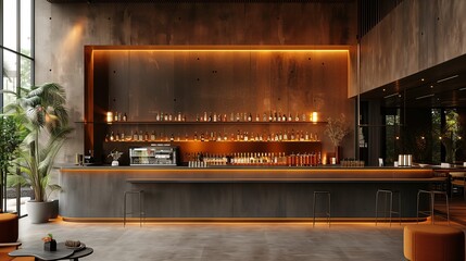 Modern Hotel Bar Interior with Warm Ambient Lighting