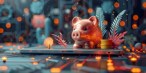 Adorable 3D render of a smiling, piggy bank robot efficiently sorting colorful, oversized coins on a vibrant, circuit board-inspired background - obrazy, fototapety, plakaty