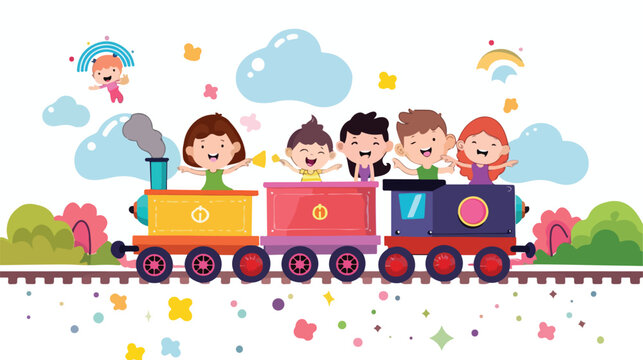 Cartoon happy kids on a colorful train flat vector 
