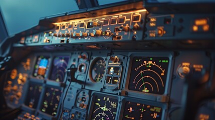 Cockpit Control Panel and Flight Instruments. Cockpit of an airplane during twilight with a focus on the control panel and various flight instruments lit up. - obrazy, fototapety, plakaty