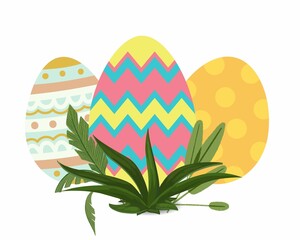Easter background with eggs and grass. Vector illustration in flat style.