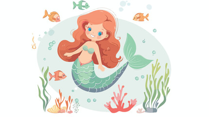 Hand drawn cute mermaid cartoon character with fish 