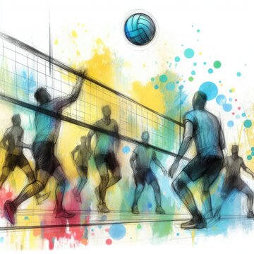 Volleyball players in watercolor paint illustration with Generative AI.