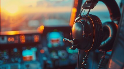 Pilot's Headset with Sunset View from Cockpit. Pilot's headset is silhouetted against the sunset,...