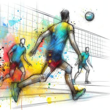 Volleyball players in watercolor paint illustration with Generative AI.