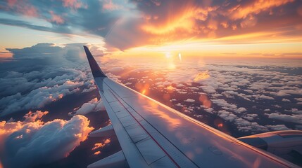 Sunset Cloudscape Viewed from Airplane Wing. Vivid sunset cloudscape viewed from above through an airplane wing, creating a stunning tapestry of colors in the sky. - obrazy, fototapety, plakaty