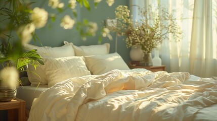 Sunlit Bedroom with Unmade Bed and Fresh Plants