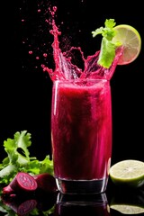 Beet root juice splash from glass on plain black background.