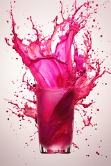 Beet root juice splash from glass on plain white background.