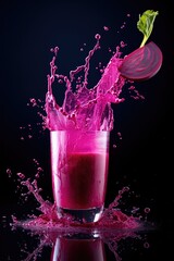 Beet root juice splash from glass on plain background.