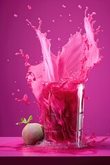 Beet root juice splash from glass on plain background.