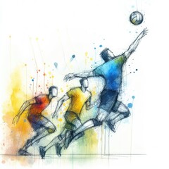 Volleyball players in watercolor paint illustration with Generative AI.