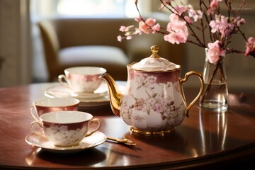 
A enchanting scene featuring a Coquette aesthetic-inspired tea set, with delicate porcelain cups, floral-print saucers, and vintage silverware, inviting you to indulge in a moment of elegance and re