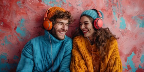 Couple in colorful outfits enjoying music. A smiling young couple wearing vibrant sweaters and headphones against a textured backdrop share a moment of joy - obrazy, fototapety, plakaty
