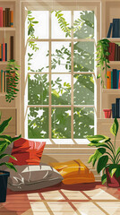Minimal trendy illustration of a cozy reading nook with a large window