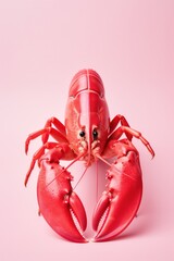 One red lobster on plain pink background.