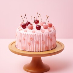 Pink whole cake with cherries topping on high cake stand. Pink background.