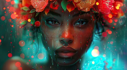 digital girl in a flower crown, in the style of vibrant colorism, hyper-realistic sci-fi, street scenes with vibrant colors, water drops, light cyan and red, captures the essence of nature 