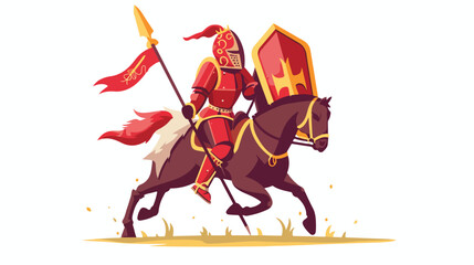 Cartoon knight on horseback with lance and shield flat