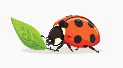 Cartoon ladybug holding a green leaf flat vector isolated