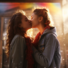 Affectionate Lesbian Couple Kissing under Rainbow Light with Snowflakes and Copy Space