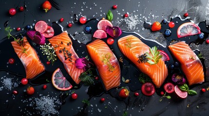 delicious kuri salmon, in the style of elaborate fruit arrangements, color splash, dark black and red, colorful compositions, playful composition, light white and pink, multi-layered compositions - obrazy, fototapety, plakaty