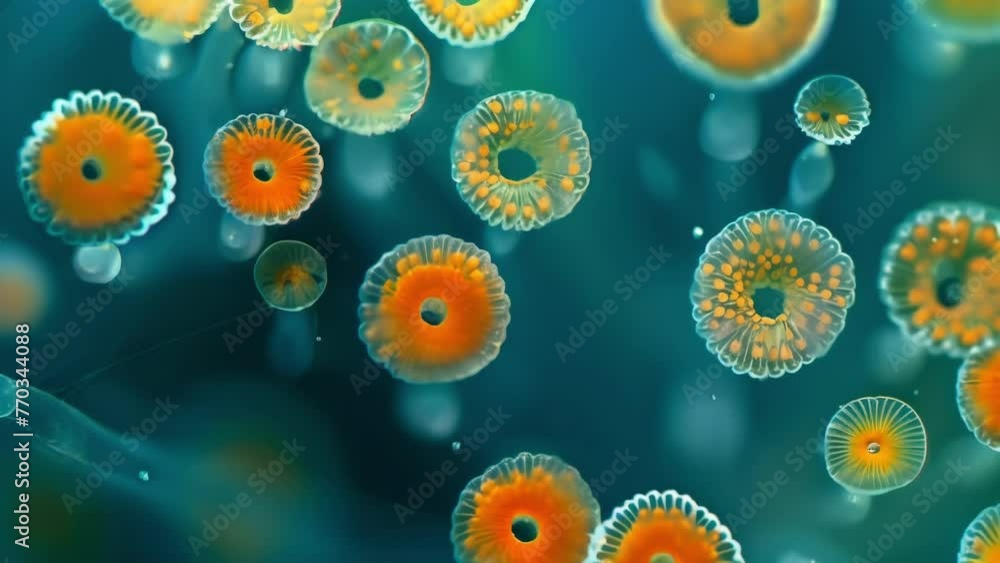 Poster a of microscopic plant spores each with distinct shapes and sizes ready to be released and dispersed