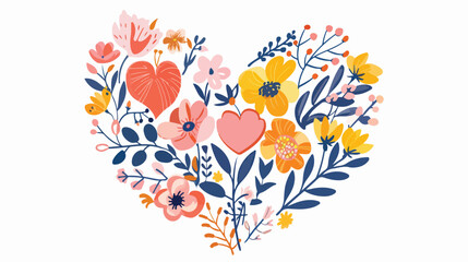 Heart with flowers flat vector isolated on white background