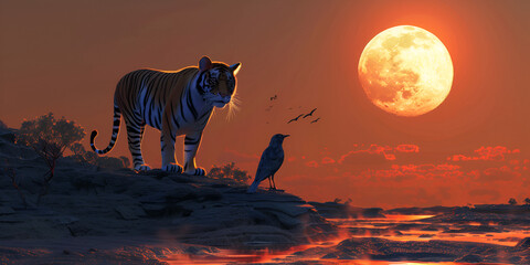 wolf howling at sunrise, A white tiger stands on a hill in front of a full moon