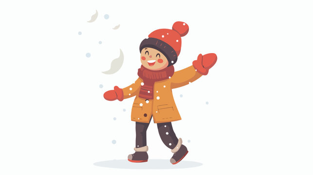 Cartoon little boy in winter clothes throwing snowball