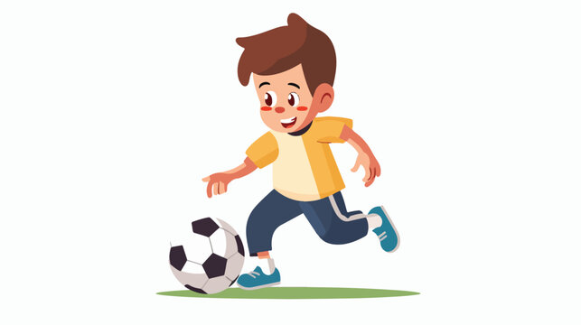 Cartoon little boy playing a football flat vector isolated
