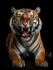 A portrait of a roaring tiger sitting against black background
