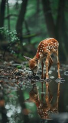 Naklejka na ściany i meble Young deer contemplating forest waters. A spotted young deer appears contemplative as it gazes at the forest's reflecting waters