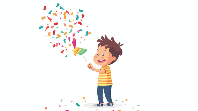 Cartoon little boy playing confetti popper flat vector