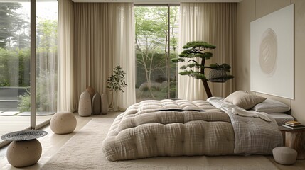 Modern Bedroom Interior with Large Window and Nature View
