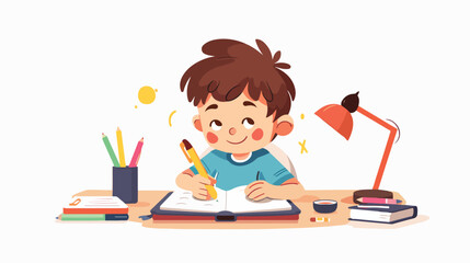 Cartoon little boy studying on the tabl flat vector isolated