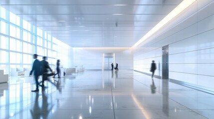 Modern corporate building with people in motion. This image encapsulates the pace of corporate life with blurred figures set against the backdrop of a pristine, modern office environment