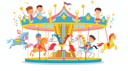 Obraz na płótnie Canvas Cartoon little children on the carousel with horses fl