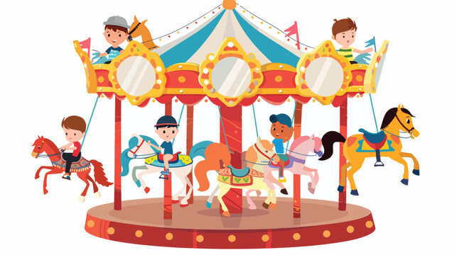 Cartoon little children on the carousel with horses fl