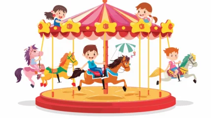 Fotobehang Cartoon little children on the carousel with horses fl © Roses