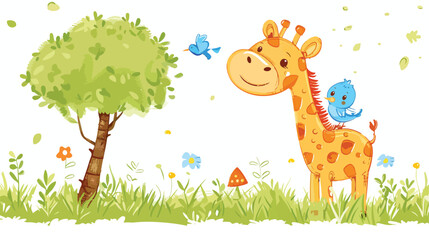 Obraz na płótnie Canvas Cartoon little giraffe with blue bird in the grass fla