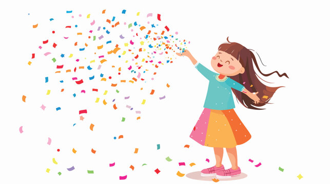 Cartoon little girl playing confetti popper flat vector